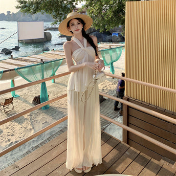 Folded Gentle Wind Beach Holiday Hanging Neck Sling + Trousers Set Women's Summer 2025 New